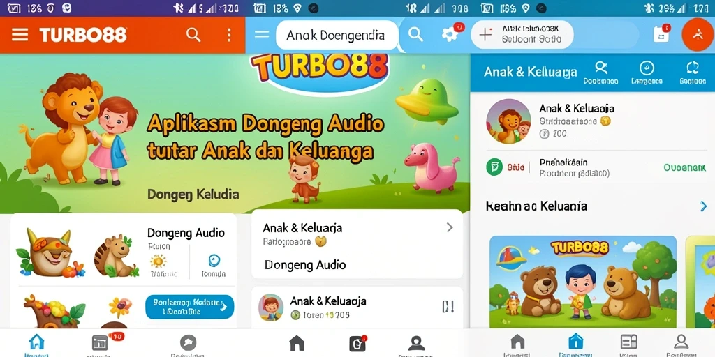 Screenshot utama TURBO88 menampilkan antarmuka aplikasi Dongeng Audio yang menarik.